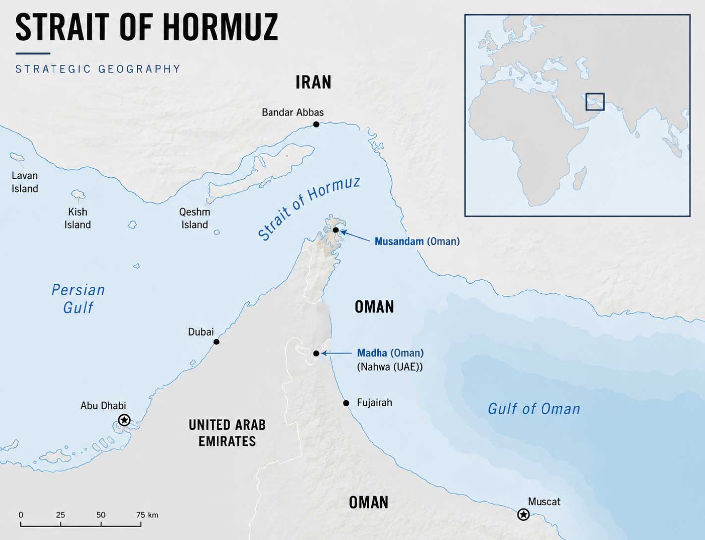 Mapa del estrecho de Ormuz elaborado por ACK3: Musandam, Madha, Golfo Pérsico y Golfo de Omán