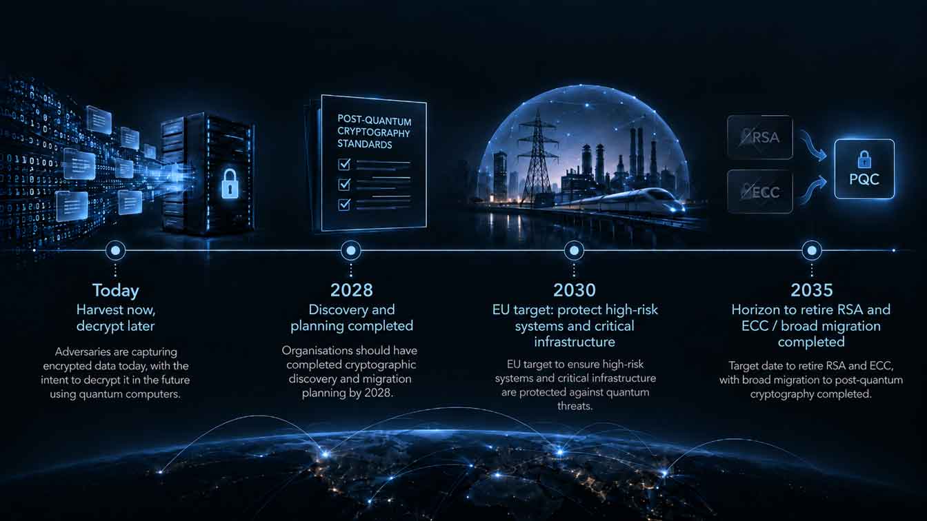 Quantum computing risk timeline: NIST post-quantum standards 2024, EU and NCSC PQC migration milestones 2030 and 2035, and the harvest now decrypt later exposure window