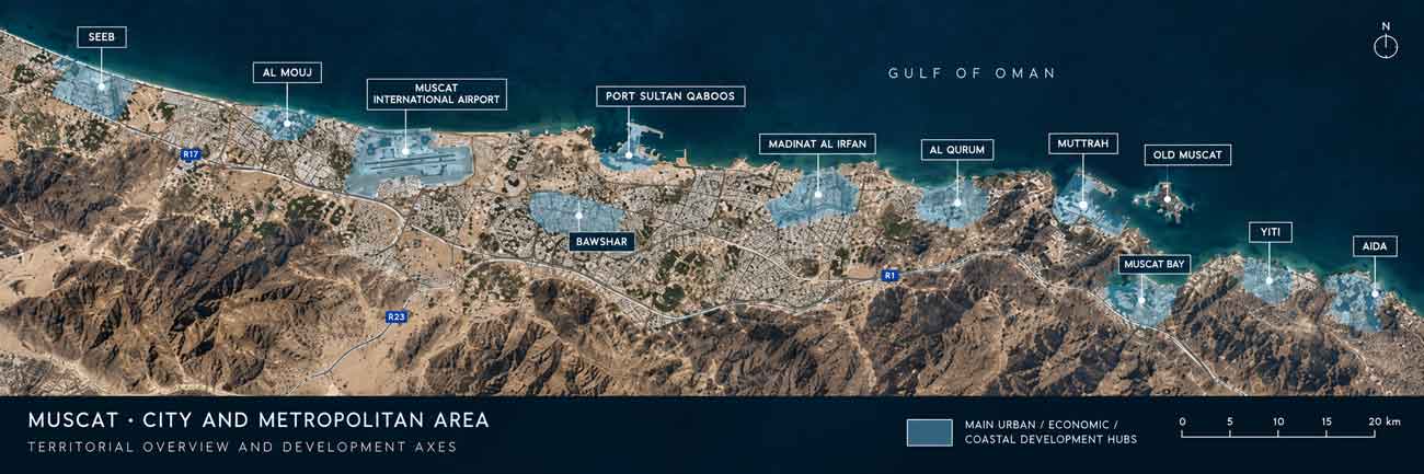 Map of the Muscat metropolitan area: Seeb, Al Mouj, Muscat International Airport, Port Sultan Qaboos, Madinat Al Irfan, Al Qurum, Muttrah, Yiti and AIDA